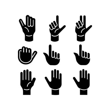 Amerikan İşaret Dili 'nde kullanılan ve çeşitli parmak pozisyonları ve yönelimleri gösteren dokuz farklı el şeklinin bir çizimi.