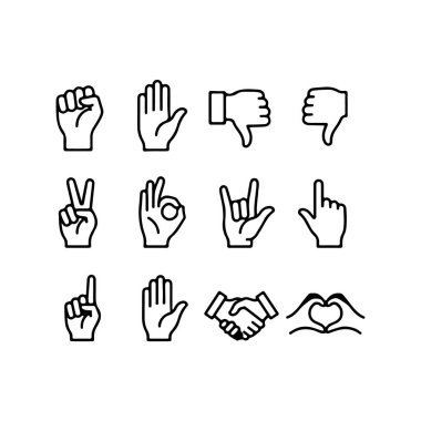 Amerikan İşaret Dili 'nde ifade ve iletişim için kullanılan çeşitli el şekilleri ve jestlerden oluşan 12 siyah ve beyaz çizimden oluşan bir koleksiyon..