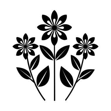 Uzun saplı ve sade beyaz arka planda üç yaprak ve yapraklı üç çiçeğin minimalist siyah ve beyaz çizimi