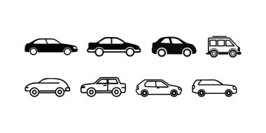 Kenar manzaralı sekiz farklı araba modeli, 4 siyah araba ve 4 beyaz araba düz beyaz arka planda