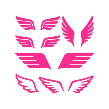 Farklı şekil ve boyutlarda pembe ve beyaz kanat çıkartmaları koleksiyonu, muhtemelen dizüstü bilgisayarlarda, arabalarda veya diğer kişisel eşyalarda kullanmak için.