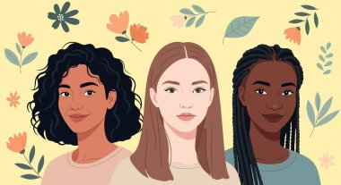 Farklı saç stilleri olan üç farklı kadının resmi: kıvırcık, düz ve örgülü, çiçek ve yaprak elementleriyle çevrili..