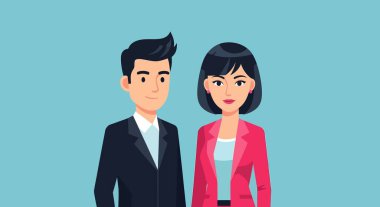 Çizgi filmde koyu takım elbiseli bir adam ve pembe ceketli bir kadın resmedilmiş. Hem profesyonel hem de tarafsız ifadeli..