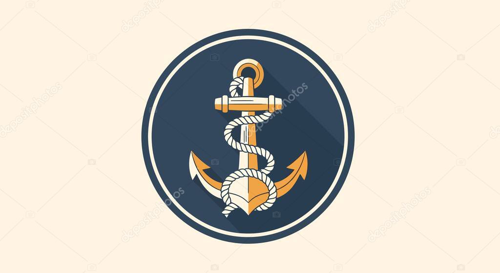 A stylized golden anchor with a white rope wrapped around it, set against a navy blue circle with a white outline.