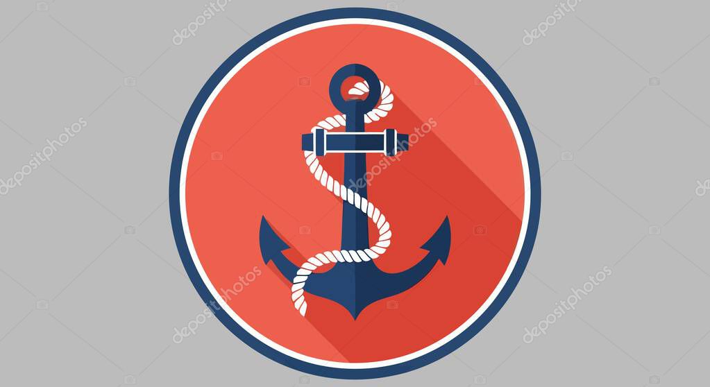 A navy blue anchor with a white rope wrapped around it, set against a red circle with a blue border, creating a nautical badge design.