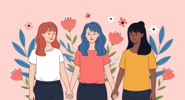 Farklı saç renklerine sahip üç farklı kadın el ele tutuşmuş, stilize çiçeklerin arka planına kurulmuş ve düz bir vektör çiziminde ayrılmışlar..