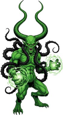 Büyük kıvrımlı boynuzları ve dikenli siyah dalları olan yeşil derili bir iblis pençeli ellerinden parlayan yeşil büyüyü döküyor..