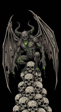 Boynuzları ve yırtık kanatları olan gri derili bir iblis kafataslarının tepesine çömelmiş yeşil bir sızıntı damlatıyor. Gözleri kıpkırmızı, tehditkar şekle ekleniyor..