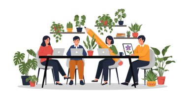 Dört kişi dizüstü bilgisayarlarla dolu bir masada oturuyor, etrafı saksılarla çevrili. Bir kişi büyük bir kalem tutuyor..