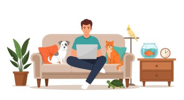 Dizüstü bilgisayarı, köpeği, kedisi, kuşu, kaplumbağası, süs balığı, bitki ve saati olan bir adamın çizgi film çizimi..