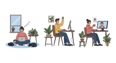 Üç sahnede, her biri dizüstü bilgisayarı, bitkileri ve evcil hayvanları olan, farklı çalışma ortamlarını gösteren insanlar görülüyor..