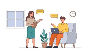 Elinde dosya olan bir iş kadını elinde dizüstü bilgisayarla koltukta oturan bir adama el kol hareketi yapıyor..