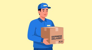 Mavi üniformalı ve şapkalı bir teslimatçı üzerinde 