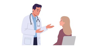 Steteskoplu beyaz önlüklü bir erkek doktor, sandalyede oturan sarışın bir kadına bir şey anlatıyor..