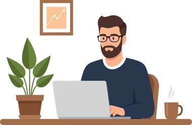 Dizüstü bilgisayarda çalışan sakallı ve gözlüklü çizgi film adamı. Masada bitki, kahve fincanı ve çerçeveli bir tablo var..