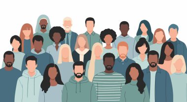 Bir grup meçhul insan, erkek ve kadın, farklı giyim tarzlarıyla, birlik ve çeşitliliği sembolize ederek, kalabalıkta bir arada duruyorlar..