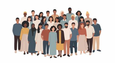 Çeşitli insan, erkek ve kadın grupları, farklı etnik kökenleri temsil eden ve çeşitli giyim tarzları olan bir kalabalıkta bir araya gelirler..