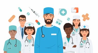 Steteskopları, bandajları, hapları ve şırıngası olan çeşitli doktor ve hemşirelerin resimleri. Önlüklü ve laboratuvar önlüklü tıp uzmanları..