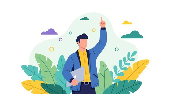 Иллюстрированный мужчина в синей куртке и жёлтой рубашке держит ноутбук и указывает вверх. Он окружен красочными листьями и абстрактными формами.