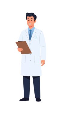 Gülümseyen bir doktor elinde kahverengi bir dosya tutuyor. O, beyaz bir ceket, mavi bir kravat ve siyah pantolon giyiyor..