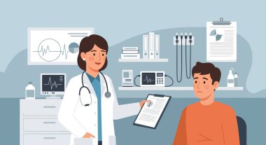 Beyaz önlüklü kadın bir doktor elinde bir not panosu tutarak sağlık ofisinde turuncu gömlekli endişeli bir erkek hastaya sonuçları açıklıyor..