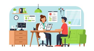 Gözlüklü ve steteskoplu bir kadın doktor ofisinde bir erkek hastaya danışıyor. Tıbbi geçmişini bir panoda inceliyor..