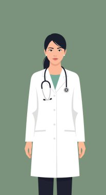 Siyah saçlı, at kuyruklu, beyaz önlüklü, steteskop ve inci küpeli bir kadın doktor..