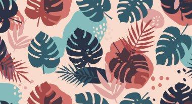 Modern bir tropikal atmosfer yaratan, deniz mavisi, deniz mavisi ve terasotta gölgelerinde biçimlendirilmiş canavar ve palmiye yapraklarının kusursuz bir deseni..