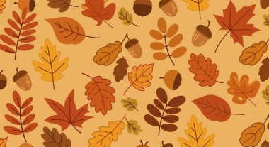 Turuncu, sarı ve kahverengi tonlarında, bronzlaşmış arka planda meşe palamudu ile karıştırılmış tekrar eden bir sonbahar yaprakları deseni..
