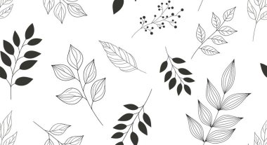 Detaylı çizgili sanat yaprakları ve koyu siyah yaprak siluetleri içeren kusursuz bir desen dengeli bir botanik tasarımı yaratıyor..