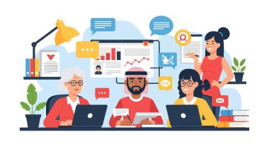 Çeşitli profesyonellerden oluşan bir grup birlikte çalışıyor, dizüstü bilgisayar kullanıyor, not alıyor ve dijital mesajlar ve veri analizleriyle iletişim kuruyor..