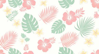 Tekrarlayan bir Pastel Pembe Amber deseni, sarı Plumeria, yeşil Canavar Yaprakları, ve şeffaf bir arka planda pembe palmiye yaprakları.