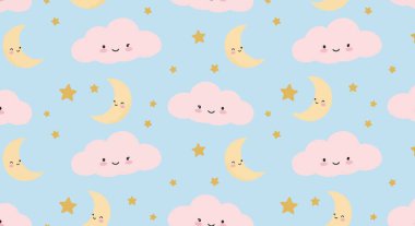 Gülümseyen hilal aylarının, pembe bulutların ve altın yıldızların tekrarlanan bir düzeni. Hepsi de sevimli çizgi film yüzlü..