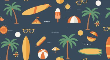 Palmiye ağaçları, sörf tahtaları, güneş gözlükleri, dondurma, güneş, plaj topu, kumdan kale ve diğer plaj elementlerinin yer aldığı yaz temalı bir desen.