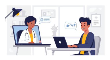 Başka bir dizüstü bilgisayar kullanan bir hastaya danışan bir doktorun görüntüsü. İkisi de sanal bir sağlık seansına katılmış..