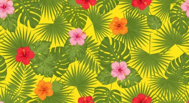 Kırmızı, pembe ve turuncu çiçekleri içeren kusursuz desenler, yeşil palmiye ve canavar yapraklarıyla süslenmiş parlak sarı bir zemin üzerinde.