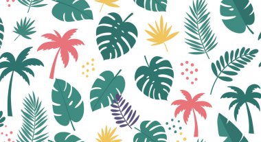 Şeffaf bir zemin üzerinde tekerrür eden tropik yapraklar ve mavi, pembe, altın ve mor palmiye ağaçları..