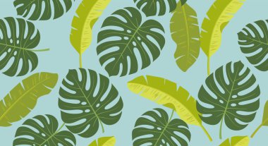 Açık mavi bir zemin üzerinde tekrarlanan yeşil canavar ve muz yaprakları tropikal, botanik bir tasarım yaratıyor..