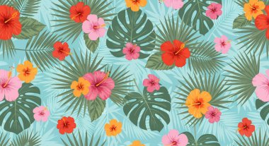 Pembe, kırmızı ve turuncu çiçekleri içeren renkli bir desen, açık mavi arka planda palmiye ve canavar yapraklarıyla karışıyor..