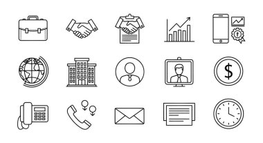 Bir evrak çantası, tokalaşma, dünya ve dolar işareti de dahil olmak üzere iş ve finans kavramlarını temsil eden siyah ana hatlar koleksiyonu..