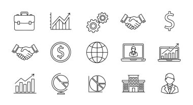 Bir evrak çantası, çizelgeler, dişliler, el sıkışmalar, dünya, dolar işareti, dizüstü bilgisayar, bina ve bir işadamı da dahil olmak üzere iş ve finans simgeleri koleksiyonu..