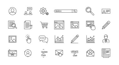 Arama, alışveriş, kullanıcı profilleri, veri analizi ve web sitesi etkileşimi gibi çevrimiçi aktiviteleri gösteren bir dizi basit, siyah çizgi resim simgesi.