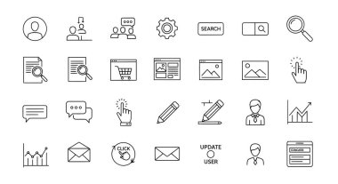 Kullanıcı, grup, teçhizat, arama, alışveriş arabası, web sitesi, çizelge, posta, kalem ve diğer dijital ve işle ilgili sembolleri gösteren siyah çizgi simgeleri.