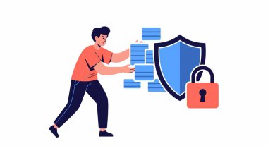 Bir adam mavi bir kalkan ve kırmızı bir kilidin yanına veri koruma ve güvenliği simgeleyen mavi veri blokları yığıyor..