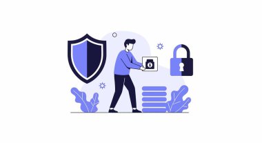 Stylize adam bir kutu taşır asma kilit ikonu, yanında bir kalkan, asma kilit, veri yığını, ve stilize bitkiler, veri güvenliğini temsil eden.