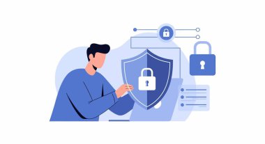 Bir adamın dijital kalkanla etkileşimi, asma kilit simgeleri ve bağlı ağ ögeleri ile veri korumasını sembolize ediyor.