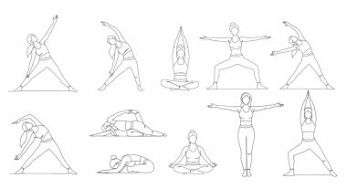 Farklı yoga pozları veren bir kadının çizgi çizimi, üçgen poz, oturma meditasyonu, ve savaşçı varyasyonları, spor sutyen ve tayt giymiş..