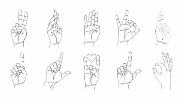 Barış işareti, aşk, bir numara ve diğer el işaretleri de dahil olmak üzere farklı jestler gösteren on el çizgisi çizimi..