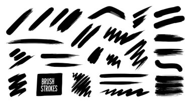Çeşitli siyah fırça darbeleri, çizgiler ve sıçramalar koleksiyonu; bazıları düz, bazıları eğri, bazıları ise zig-zig-zaglı, hepsi şeffaf bir arkaplan üzerinde.