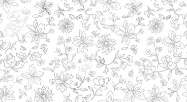 Bir desen çizilmiş çiçek ve yapraklar. Çiçekler şekil ve boyut olarak çeşitlidir, bazılarının merkezleri detaylıdır, hepsi dolambaçlı saplarla birbirine bağlıdır..